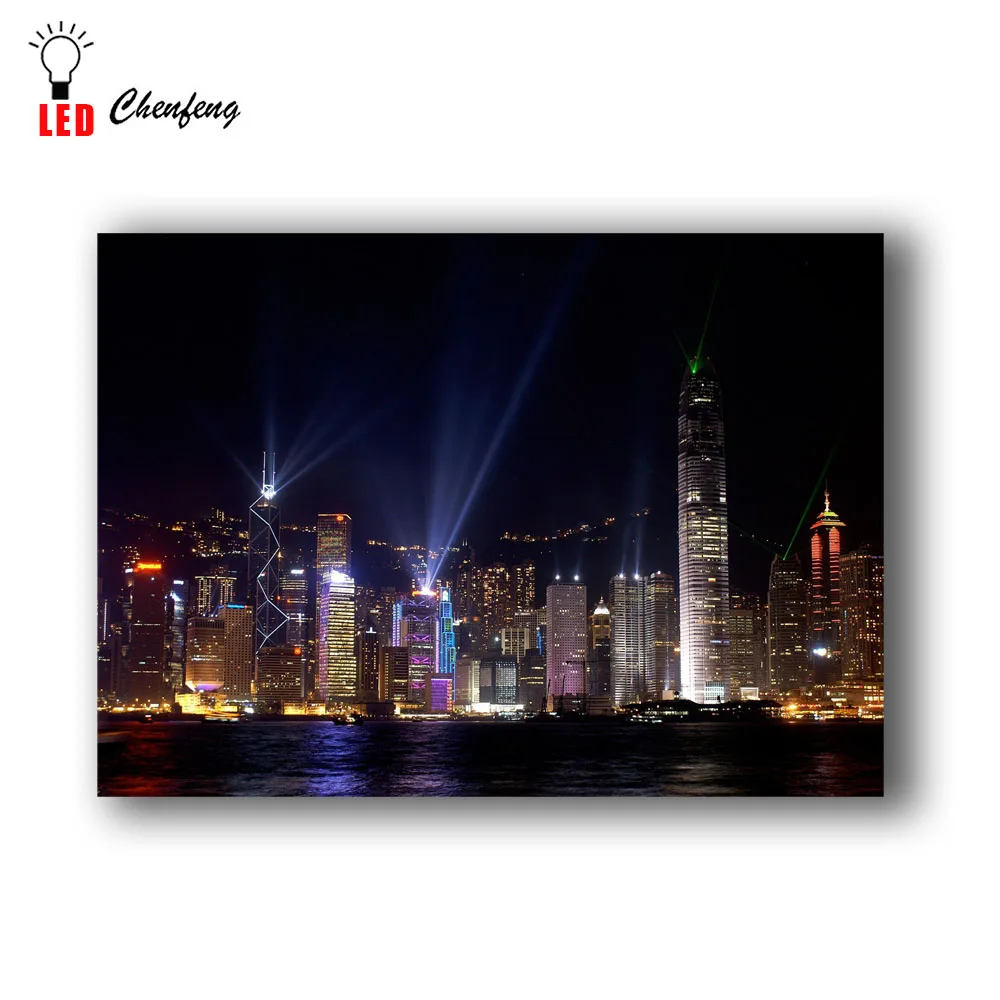 Освещенная Настенная картина Hong kong с Нью-Йоркским skyline ночной светодиодный холст Художественная живопись произведение искусства HD Печать рамка батарея открытая 16x24IN