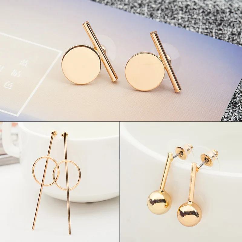 

Geometric Elements Collocation Circle Stick Ball Golden Silver Stud Earrings for Women
