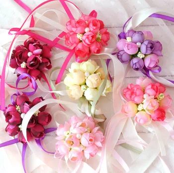

100pcs Wedding decoration rose Wrist Corsages Hand Flower silk Lace PE Foam Artificial Brides Bridesmaid wrist flower christmas