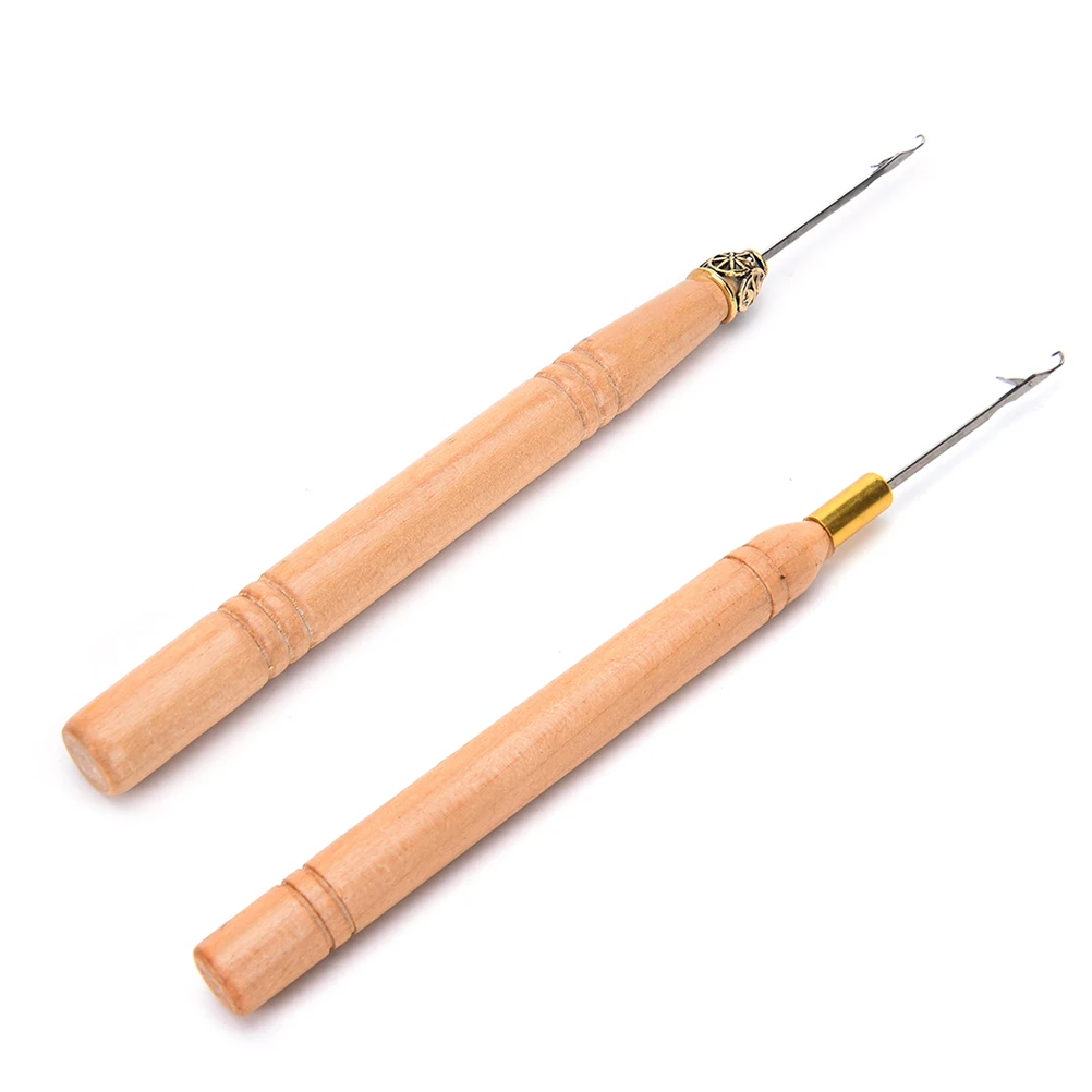 

1Pc Needle Threader Micro Rings Beads Loop Hair Extension Hook Pulling Tool Wooden Handle With Iron Wire Hotting