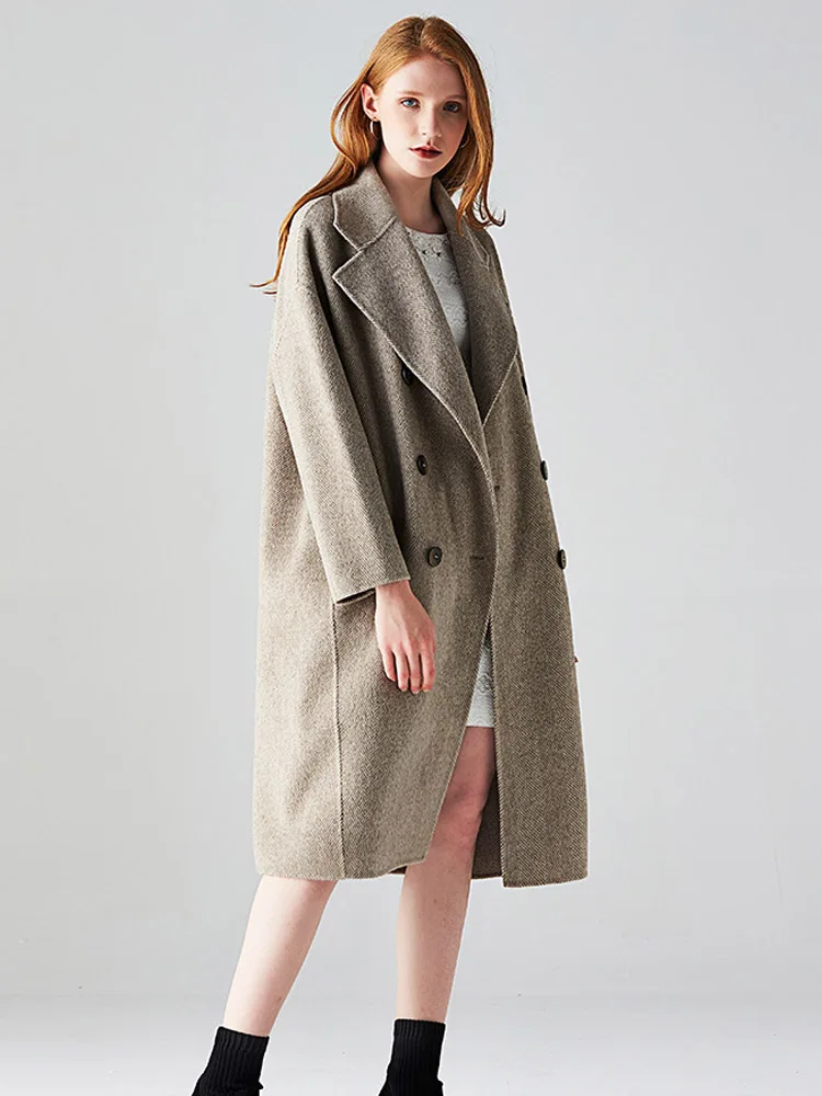 

High Quality 2019 New Fashion Woolen Coat Woman Double Sided Cashmere Jacket Loose Herringbone Pattern Long Double Sided Coats