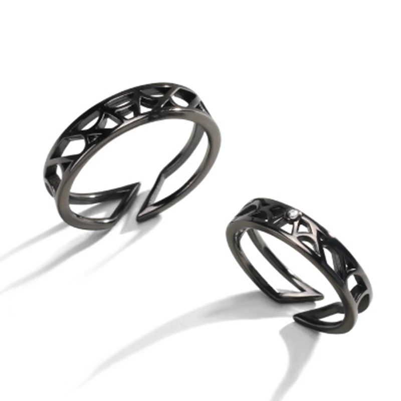Qevila Fine Jewelry Net Love Ring Authenic 925 Sterling Silver Unique Couple Ring Loyal Black Rings for Women men Valentine Gift (1)
