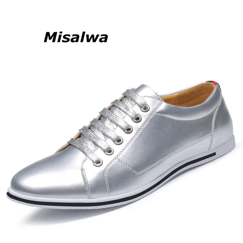 

Misalwa Leather Men Casual Shoes New 2018 Spring Luxury Brand Men Simple Stylish Light Sneakers Flats Gold Silver Lace-Up Shoes