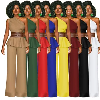 

Women Sexy Backless Single Off Shoulder Ruffles Elegant Blouse Wide Leg Long Pants OL Two Pieces Suits Plus Size S-XXL