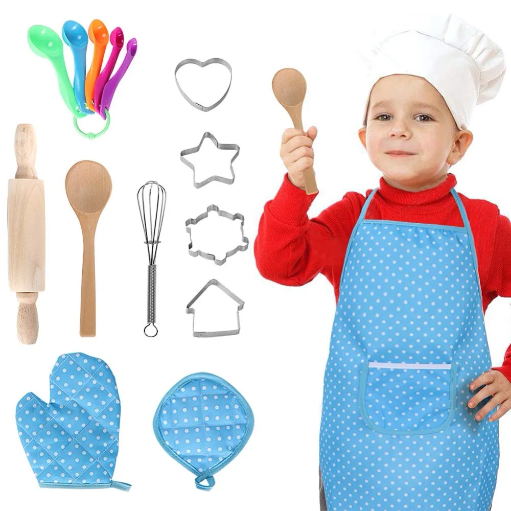 

16PCS Kids Baking Set Chef Set Cook Role Play Costume Chef Fancy Dress Accessories with Apron Chef Hat Utensils Cooking Mitt