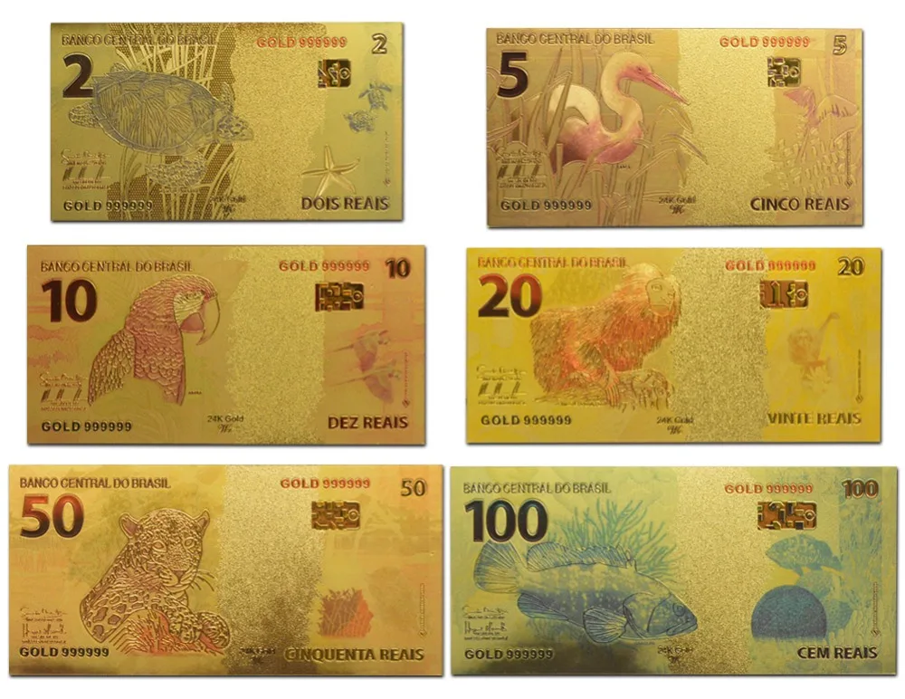 6 шт./компл. Цвет Бразилии реалов комплект Цветной 2 10 50 реалов золото банкнот коллекция