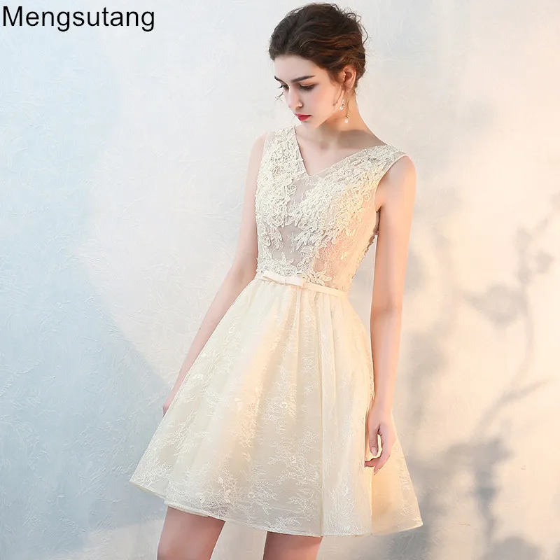 

Robe de soiree 2019 Champagne V-Neck sleeveless short evening dress vestido de festa prom dresses party dress tailor Custom made