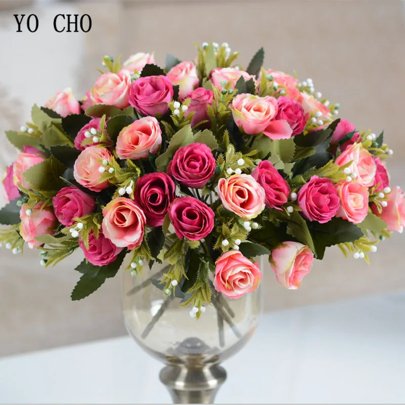 

YO CHO Bridal Rose Bouquet Wedding Flower Bridesmaid Artificial Silk Rose Champagne DIY Flower Arrangement Home Party Prom Decor