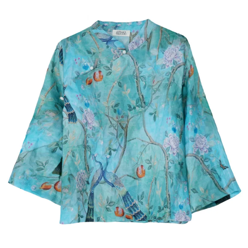 

New Literary Women's Ramie Stand Collar Buckle Side Retro Printing Was Thin Seven Print Jacket