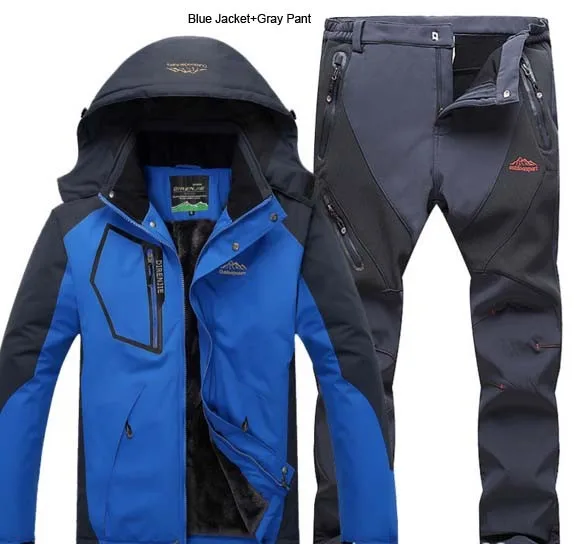 Мужские зимние теплые лыжные куртки для рыбалки, походов, водонепроницаемые куртки, мягкие флисовые брюки, спортивные комплекты - Цвет: blue grey