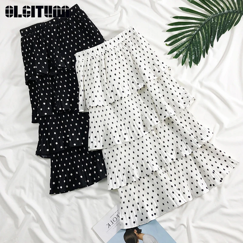 

New High Waist Vintage Polka Dot Skirt Women 2020 Spring Layer Fold Ruffles Pleated Skirts Streetwear Female SK379