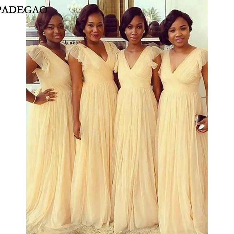 

Simple Yellow A-Line Long Bridesmaids Dresses Sleeveless Customized Chiffon Ruffles Bridesmaids Dresses Prom Custom Made