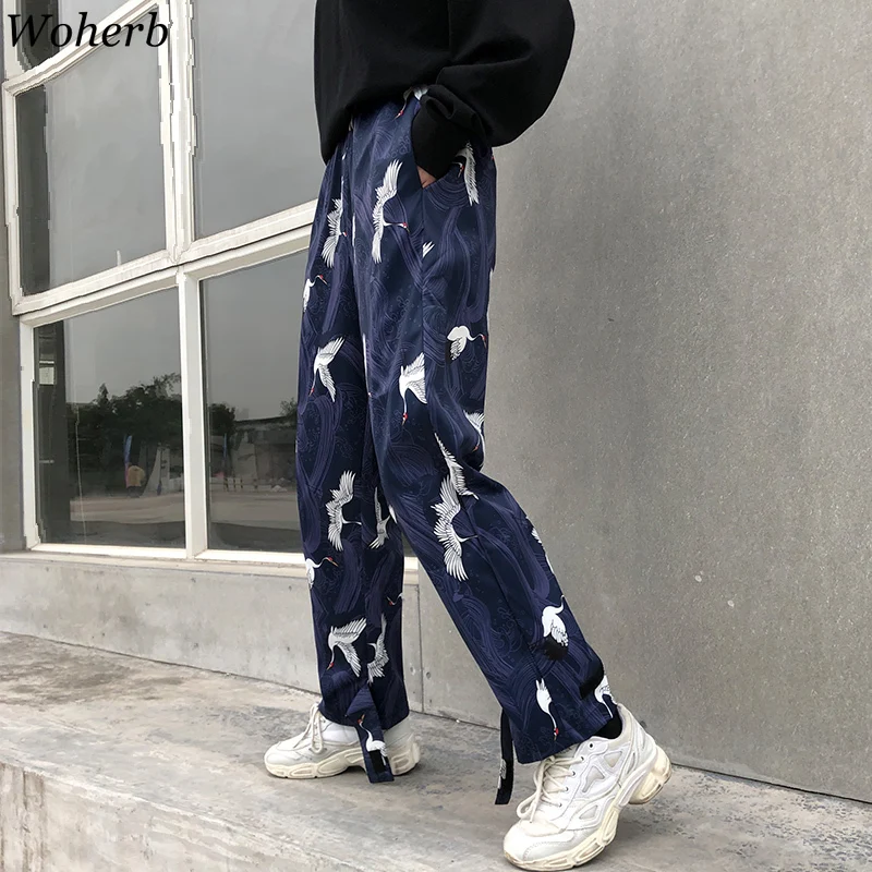 

Woherb Harajuku Harem Pants Women Crane Print Elastic High Waist Ankle Length Trousers 2019 Modis Streetwear Japanese Stlye