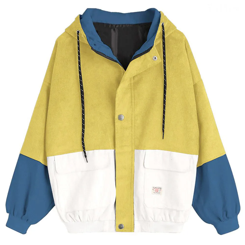 Верхняя одежда и пальто свободные женские вельветовые куртки с капюшоном Лоскутная куртка на молнии размера плюс ветровка Женская куртка - Цвет: Цвет: желтый