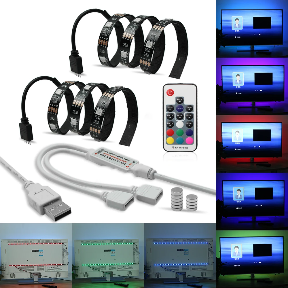 USB Светодиодные ленты света RGB ТВ Задний план Освещение WS2812 SMD5050 DC 5 В декоративные гибкие светодиодный Клейкие ленты с РФ ИК-пульт