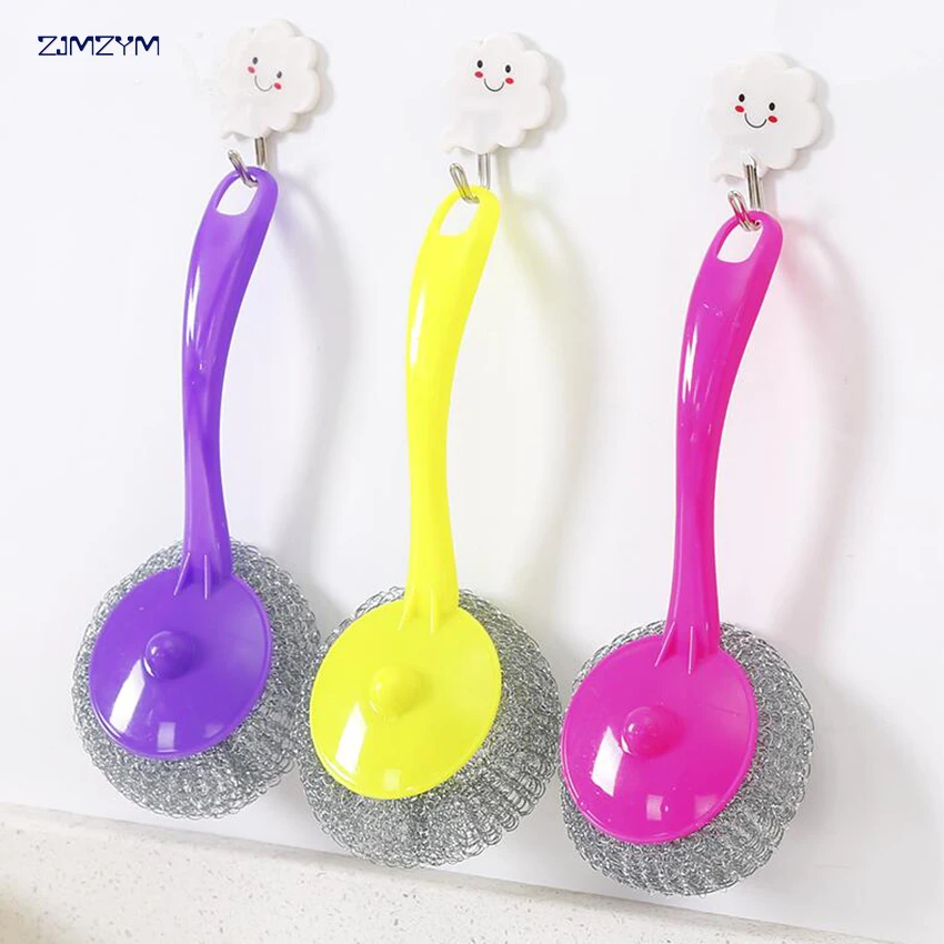 

Useful long handle Kitchen Pot Cleaning Brush Steel Wire Ball Amaranth Handle Scourer Novelty Home Clean Tools