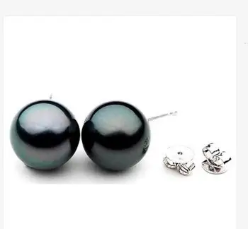 

gorgeous pair of 10-11mm tahitian round black green pearl earring 18k