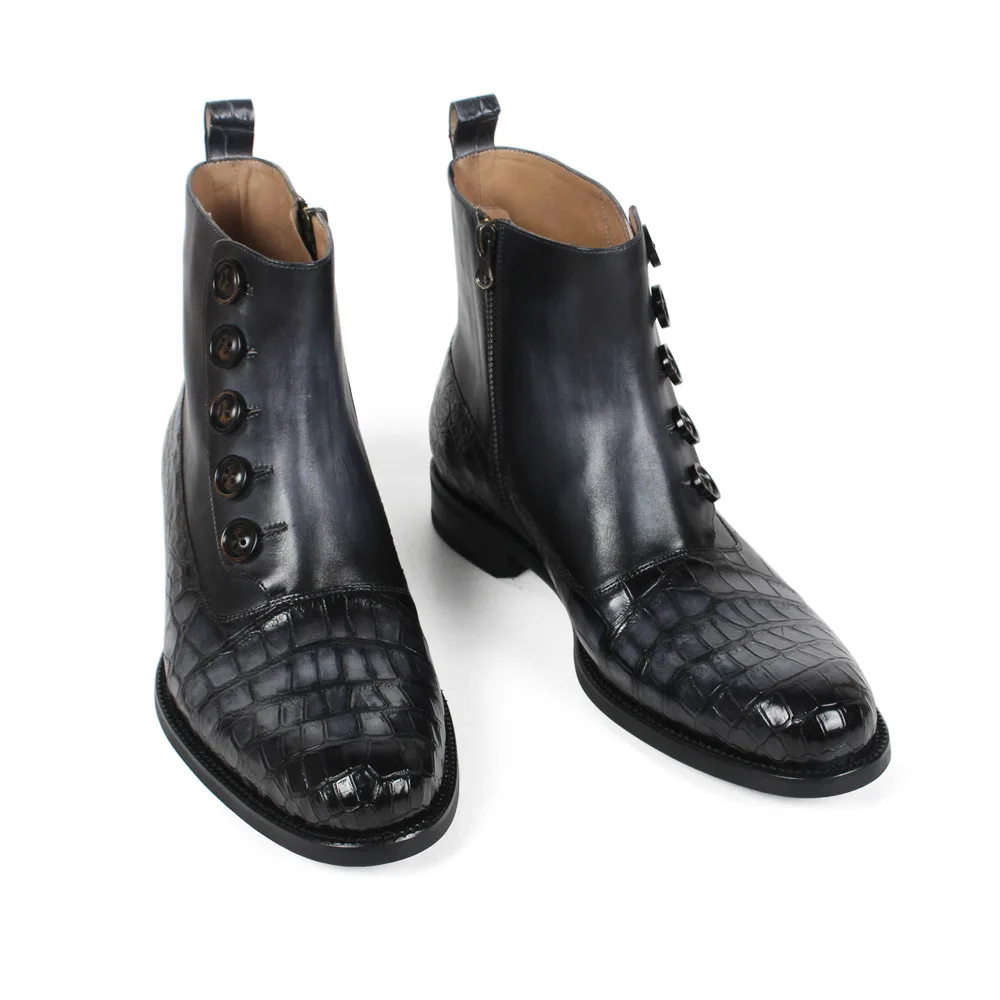 VIKEDUO/черные ботинки из крокодиловой кожи с круглым носком; Мужские ботинки в стиле пэчворк, сделанный вручную с патиной из коровьей кожи; сезон осень-зима; Ботильоны на молнии с пуговицами - Цвет: Black
