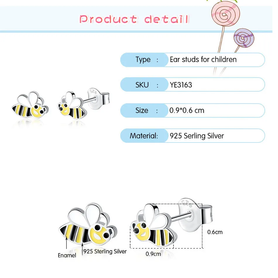 ELESHE 2019 New Simple 925 Sterling Silver Yellow Enamel Insect Honey Bee Small Stud Earrings for Women Girls Fashion Jewelry