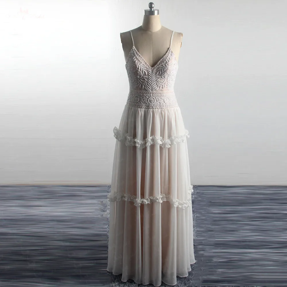 

LZ283 V Neckline Spaghetti Straps Beaded Beach Bridal Gown Bohemian Style Boho Wedding Dress Vestido de Noiva