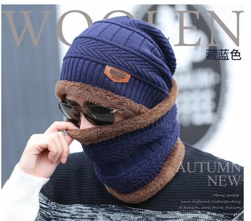 RUHAO Skullies Beanies 2pcs ski cap scarf cold warm leather winter hat for women men Knitted hat Bonnet Warm Cap