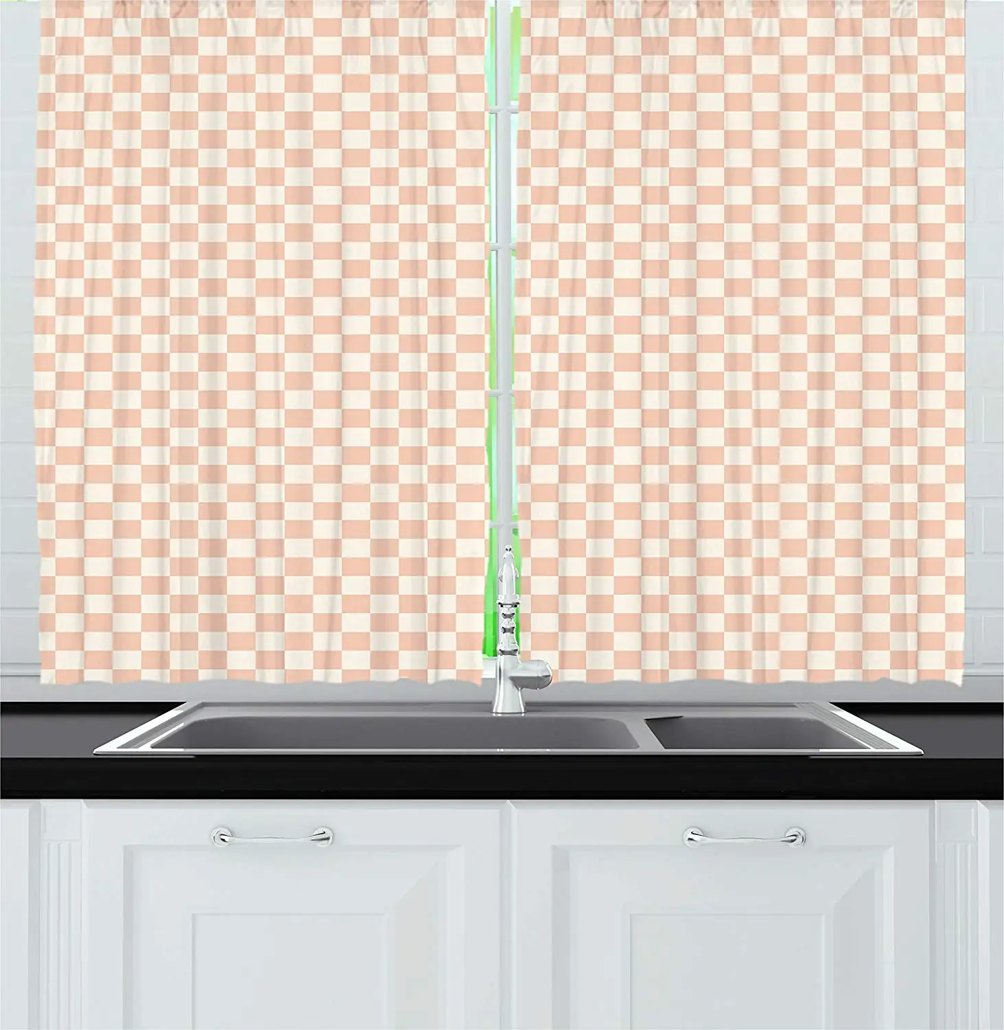 Geometric Curtains Pale Salmon Colored Chess Table Like Modern