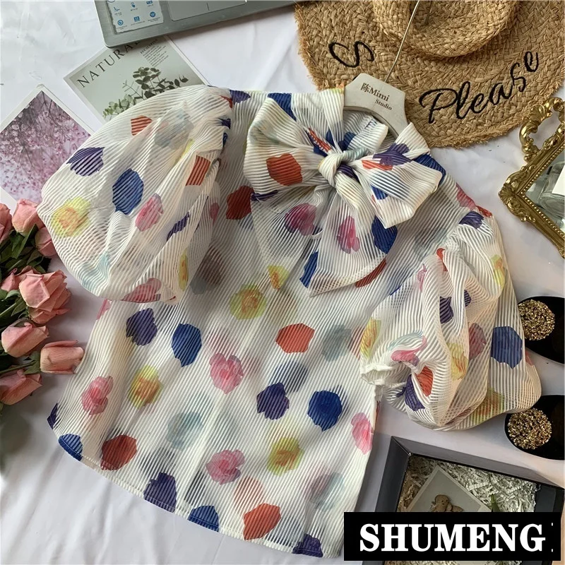 

Summer New Women's Shirts Romantic Bowknot Printed Lantern Sleeve Organza Blouse Lady Elegant Blusas Tops