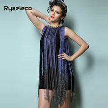 Lady Tank Ombre Draping Costume Metal Chain Neck Gradient Tassel Dresses Women Clothing 1920s Flapper Swing Fringe Mini Vestido