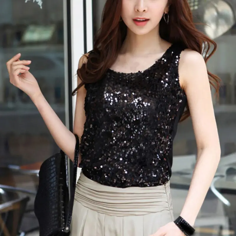 

Summer Women Sequins Tank Tops Mesh Women Sleeveless Vest Slim Ladies Tanks Casual O-Neck Women Tank Tops