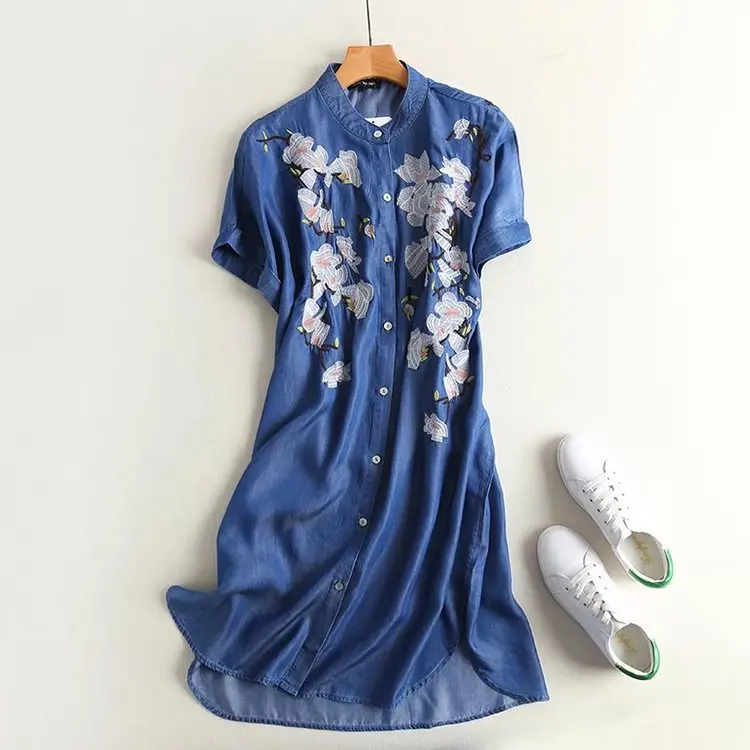 2017 New Fashion Spring Casual Denim Dresses Women Short Sleeve Single Breasted Vintage Floral Embroidery Jeans Dress Vestidos