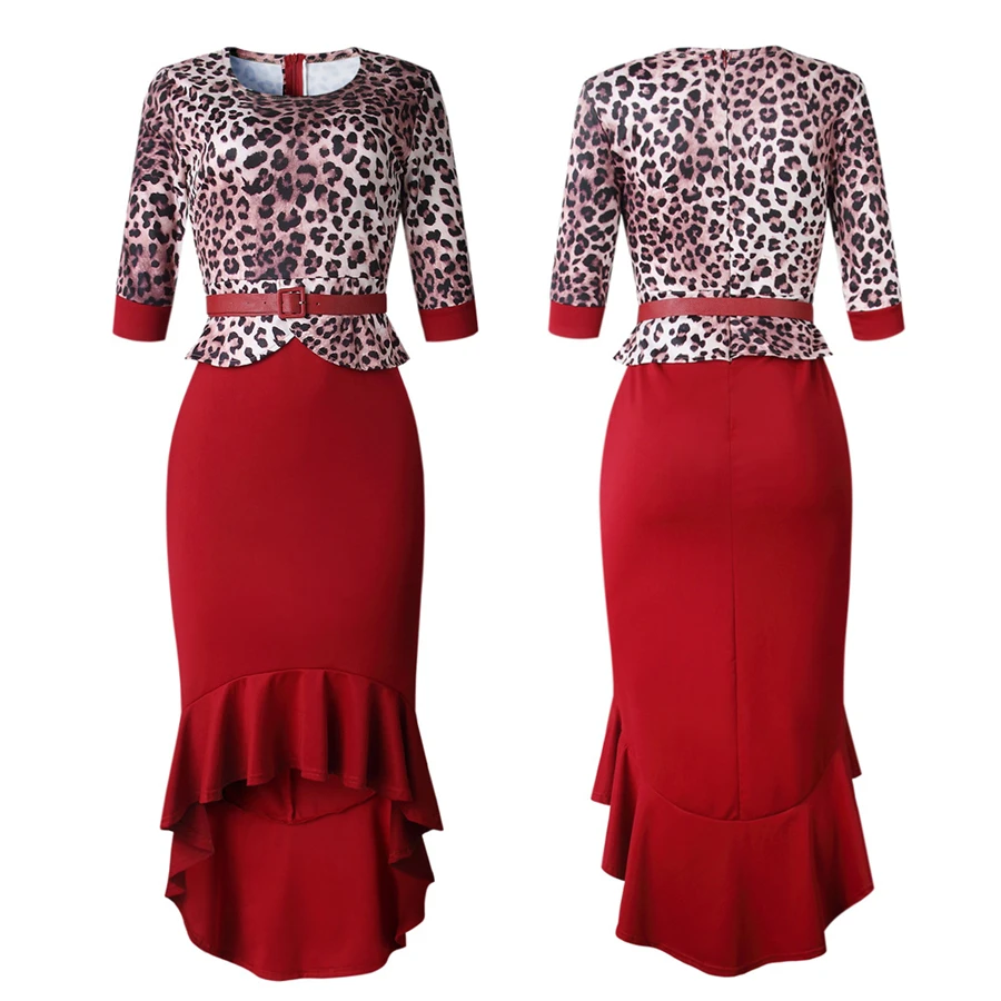 BAIBAZIN New African Woman Dress Leopard Stitching Fishtail Dress With Belt Two-piece Suit