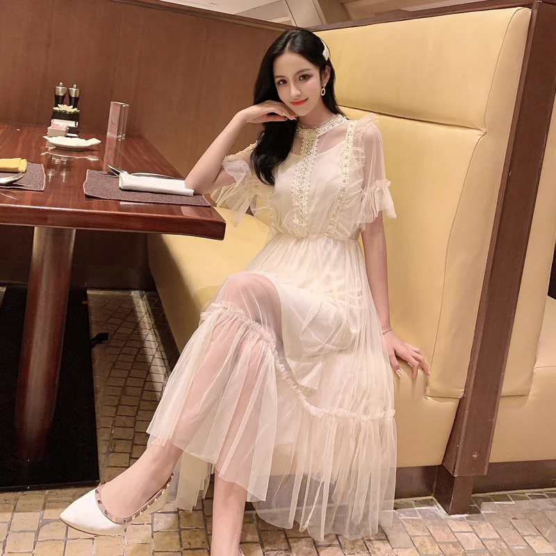 

Womens Summer Dress Elegant Vintage Lace Mesh Patchwork Vintage Flare Sleeve Elastic Waist Ruffles A-line Female Dress Vestidos