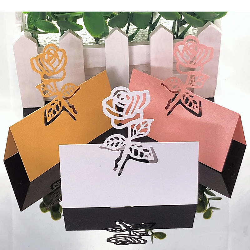 

10Corlors 50pcs Rose Flower Laser Cut Name Place Cards Wedding Decoration Table Name Message Greeting Card Event Party Supplies
