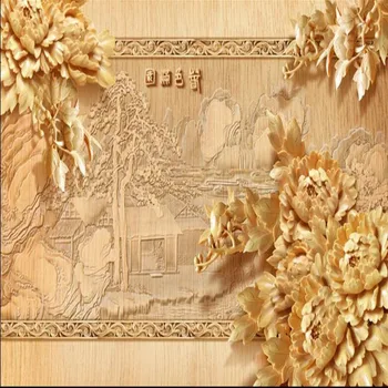 Skup Wellyu Niestandardowe Malowidła Na Dużą Skalę 3D Rzeźbione W Drewnie Kwiaty Piwonii TV | Wiosna Pełna ściana Ogrodu Tapeta Na ścianach 3 D