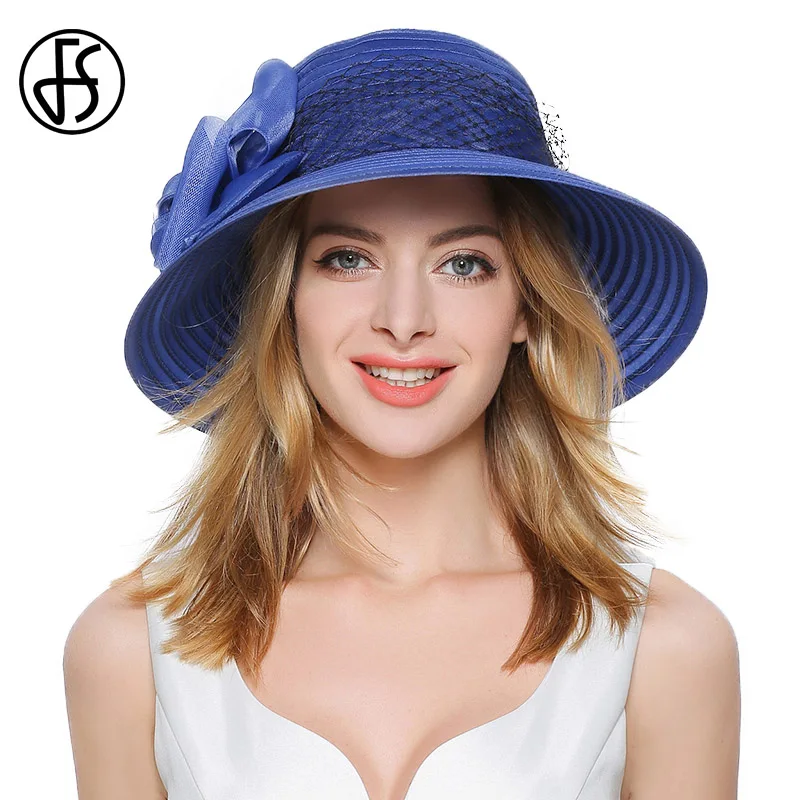 

FS Summer Elegant Women Large Brim Organza Sun Hat Purple Blue Fedora Ladies Bow With Gauze Church Uv Protect Beach Cloche Hats