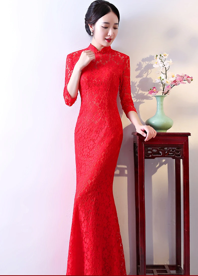 Красный невесты Cheongsam Восточный Свадебная вечеринка вечернее платье Китайская традиционная Женская Qipao пикантные длинный халат Ретро Vestidos