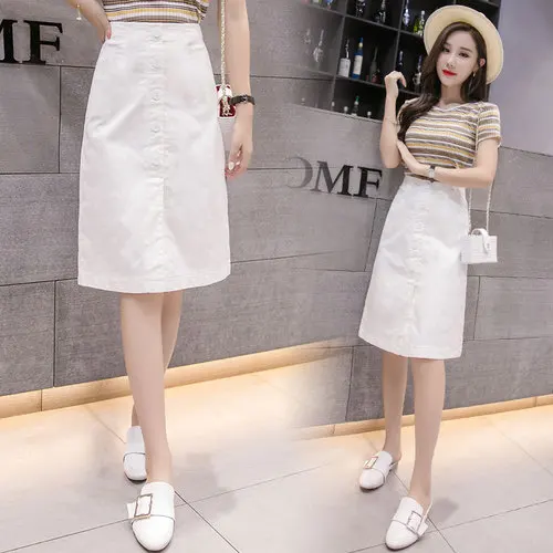 

Stinlicher Summer Autumn Skirts Womens 2018 Midi Knee Length Korean Elegant Button High Waist Skirt Female Black White Skirt