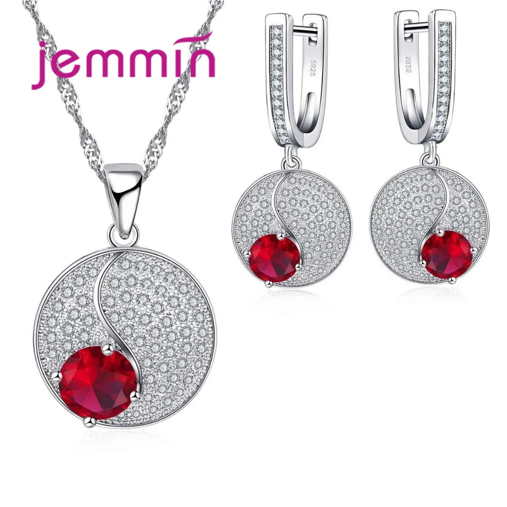 

Jemmin Luxury Women Round S90 Silver Color Jewelry Sets Paved White and Red Rhinestone Silver Necklace Earrings for Women