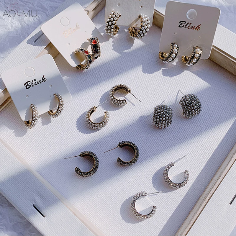 

AOMU Korean New S925 Sterling Silver Pin Full Pearl Colorful Crystal Rhinestone Small Round Circle Stud Earrings for Women