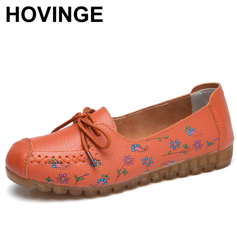 

HOVINGE Women Casual Shoes Female Genuine Leather Printing Loafers Shoes Plus Size 41 42 Fashion Slip On Shallow Flats Shoes