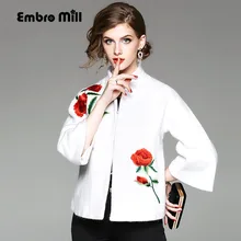 Осенняя шерстяная куртка для женщин, большие размеры, винтажный воротник-стойка, вышивка, элегантный женский свободный топ, короткая верхняя одежда, Женская M-XXXL