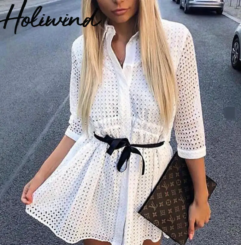 

Women Summer Embroidery White Dress Black Ribbon Bow Belt Cotton Shirt Dress A-Line High Street Embroidered Dress