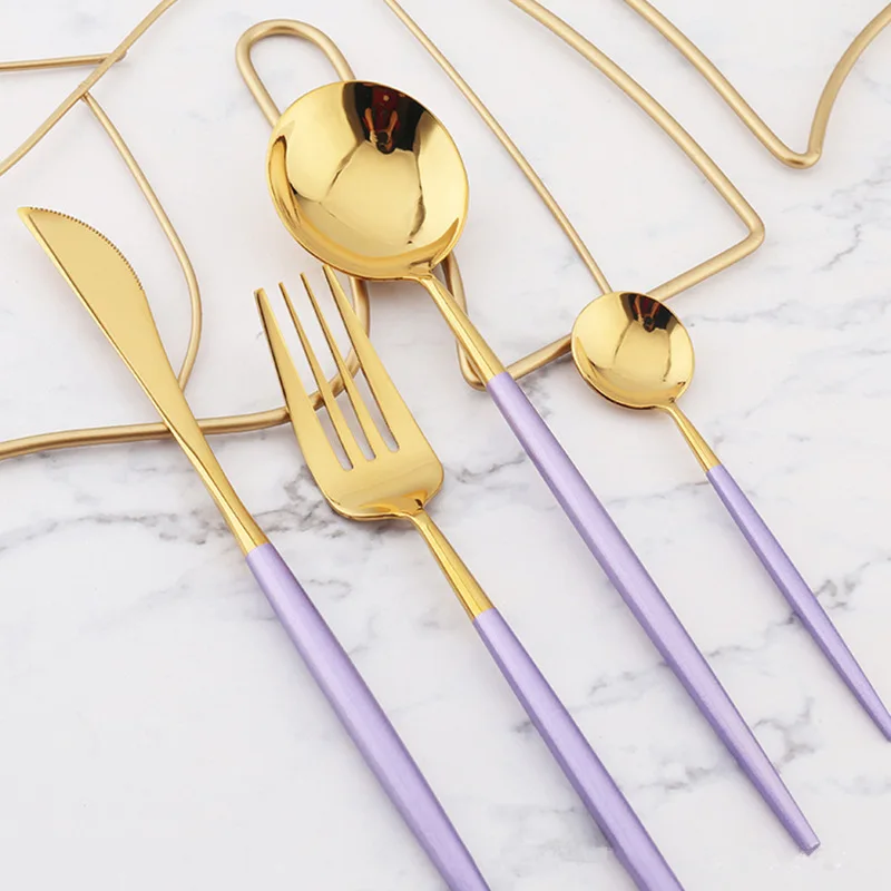 

24-Pieces KuBac Hommi 18/10 Stainless Steel Tableware Mirror Polishing Dinnerware Set Purple Gold Silver Cutlery Set Drop Ship