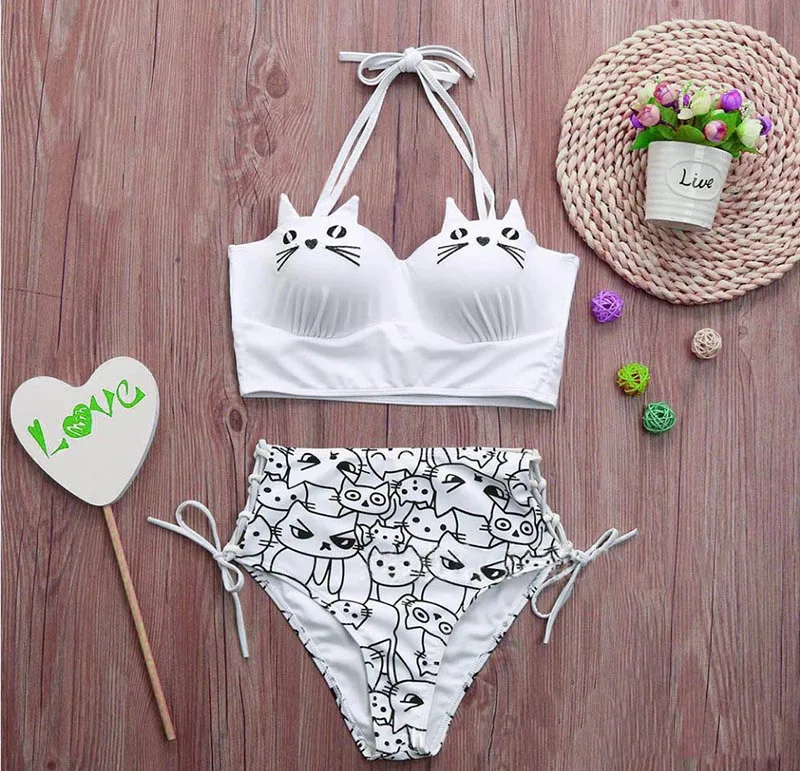  Sexy cat high waist bikini swimsuit female embroidery Strap Swimsuit