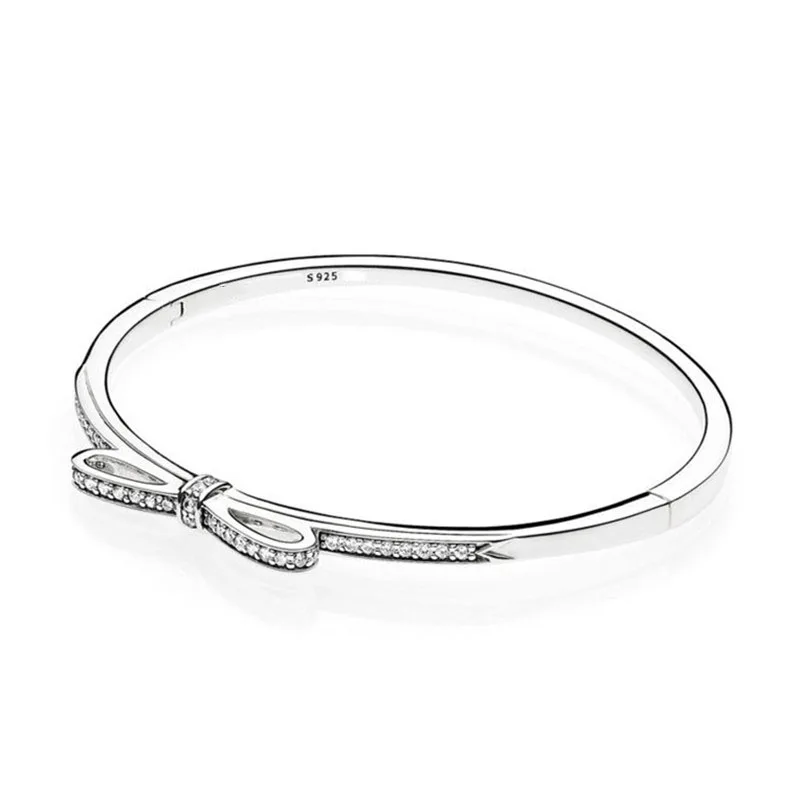 

New Cubic Zirconia 925 Sterling Silver Bead Charm Bracelet Fit Original Sparkling Bow Pans Bangle Women DIY Fine Jewelry Gift