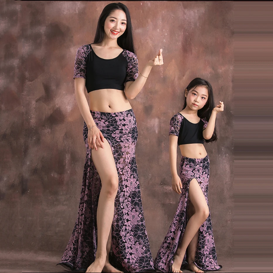 

NEW Lace+modal Belly Dance Set Women Short Sleeved Deep o Collar top + Split Skirt 2pcs Belly Dance Suit