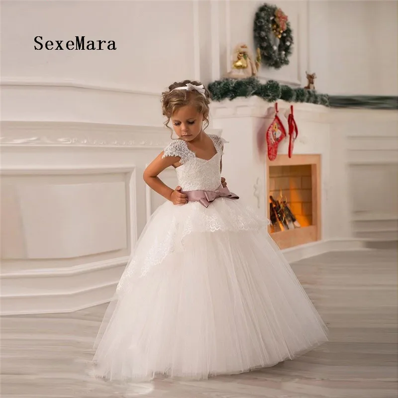 

White Flower Girls Dresses For Wedding Gowns Cap Sleeve Lace Sash Bow Girl Birthday Party Dress Zipper Real Picture