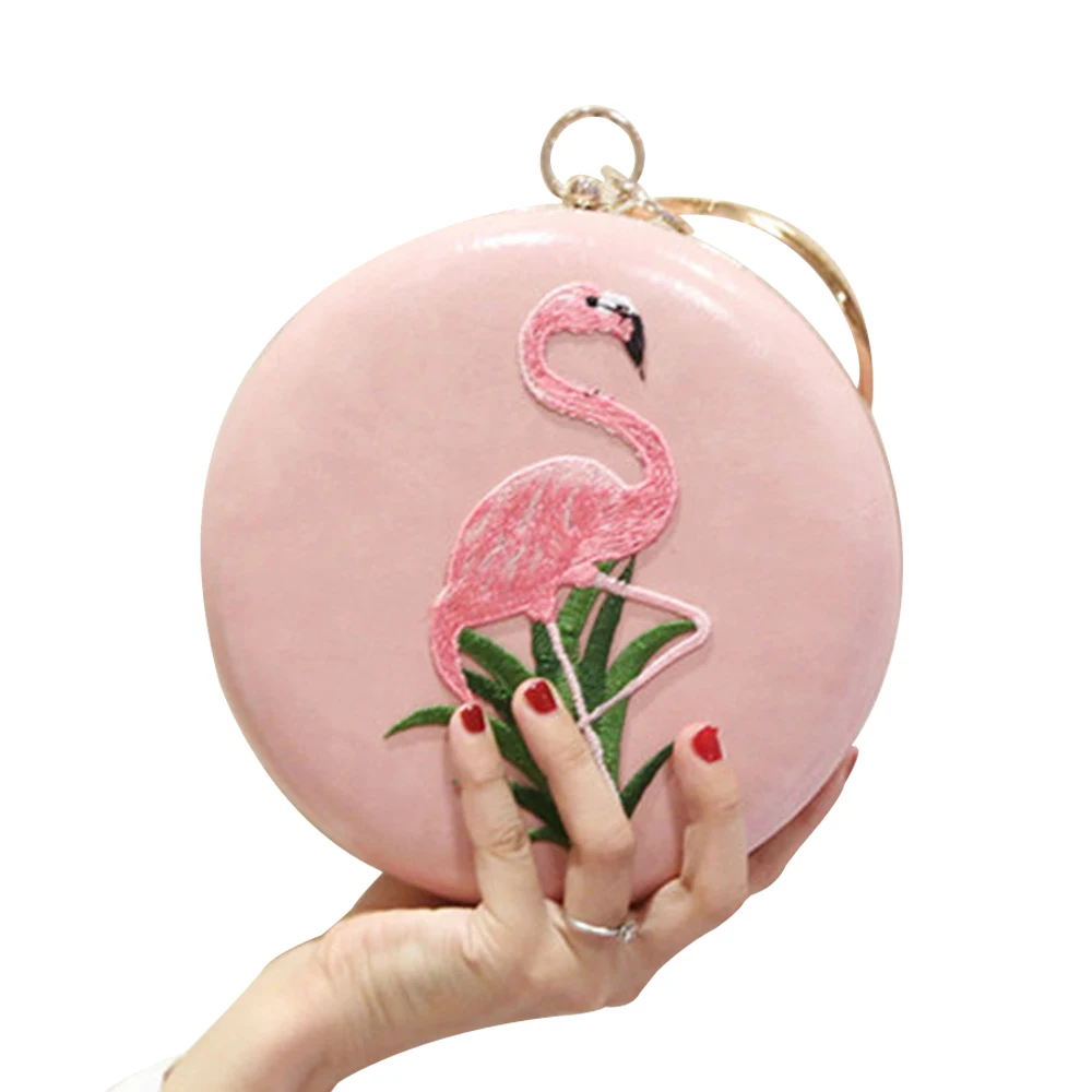 

Flamingo Embroidery Diamond Women Party Clutch Flower Beaded Handbags Round Chain Shoulder Messenger Female Evening Bag