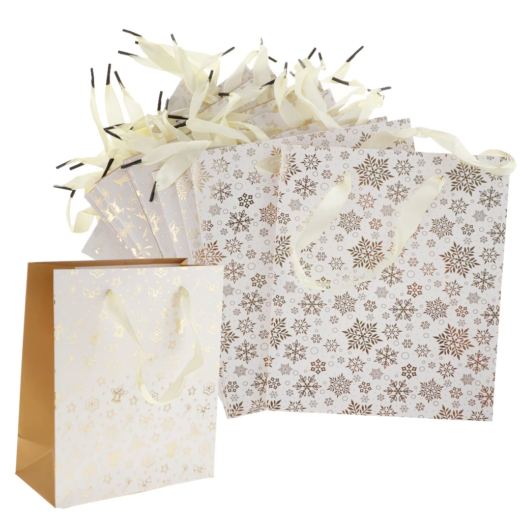 12pcs Christmas  Santa Claus Deer Snowflake Paper Gift Bags Handle Tote Bags Party Favor