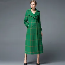 Europe and America New Fashion Winter Women’s Slim Outwear Plaid Cashmere Coat Wool Jackets Long Sleeve Female Overcoat Green